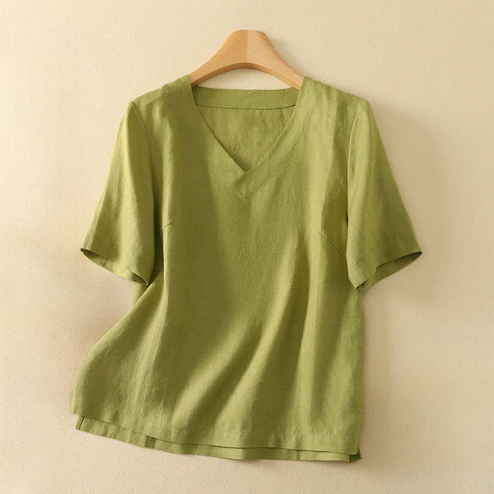 Buddha Stones T-shirts d'été minimalistes à col en V, unis, à manches courtes pour femmes - Vert olive - US8-10，UK/AU12-14，EU40-42 (2XL) - image 0