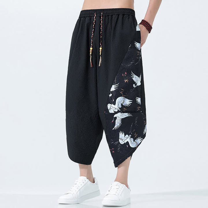 Buddha Stones Pantalon harem d'été pour homme, à cordon de serrage et pompons, imprimé grues - image 13