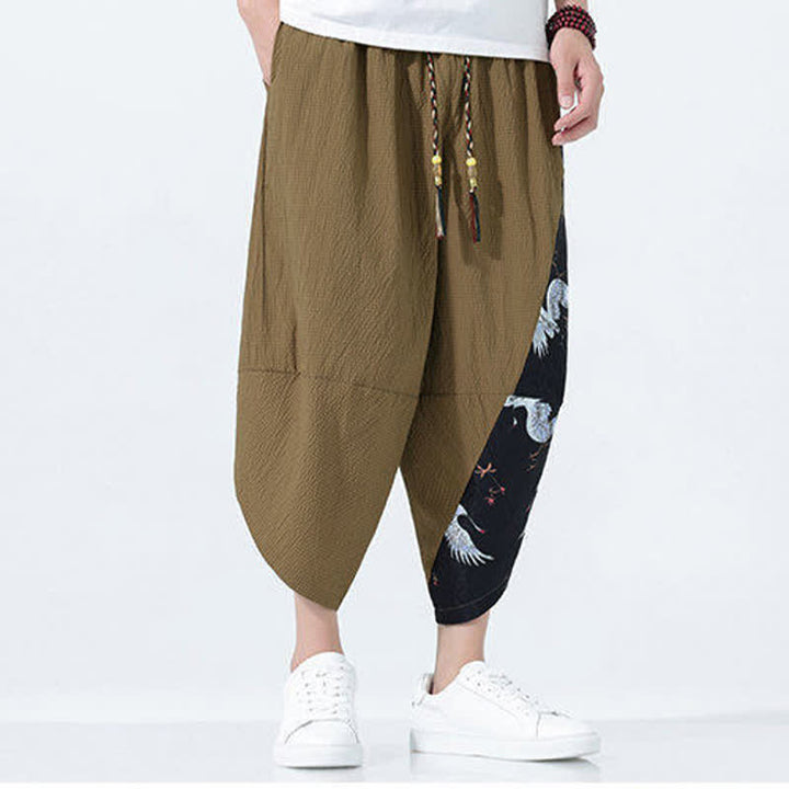 Buddha Stones Pantalon harem d'été pour homme, à cordon de serrage et pompons, imprimé grues - image 2