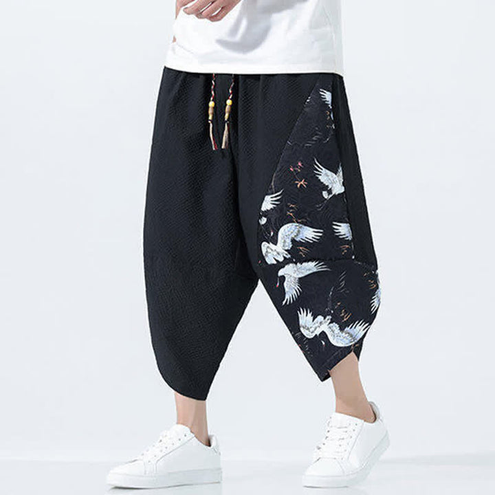 Buddha Stones Pantalon harem d'été pour homme, à cordon de serrage et pompons, imprimé grues - Noir - US/UK/AU46，EU56 (5XL) - image 8