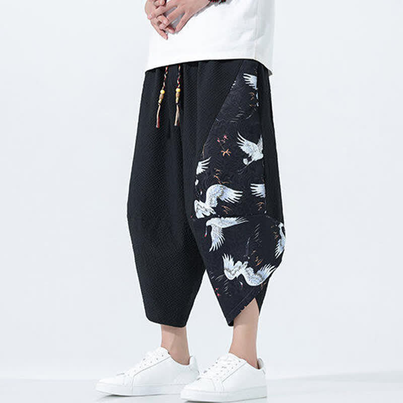 Buddha Stones Pantalon harem d'été pour homme, à cordon de serrage et pompons, imprimé grues - image 12