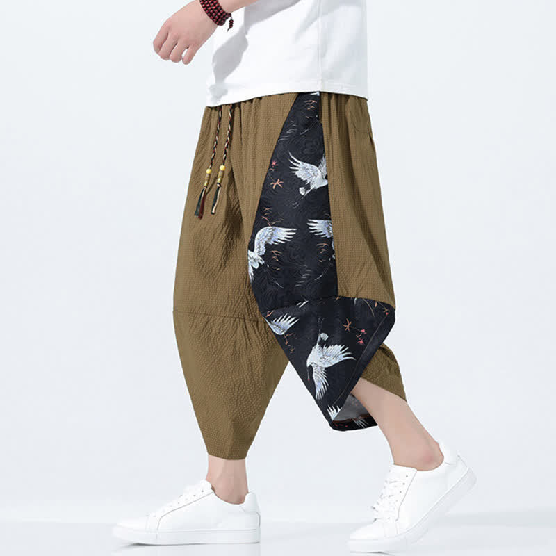 Buddha Stones Pantalon harem d'été pour homme, à cordon de serrage et pompons, imprimé grues - SaddleBrown - US/UK/AU46，EU56 (5XL) - image 0
