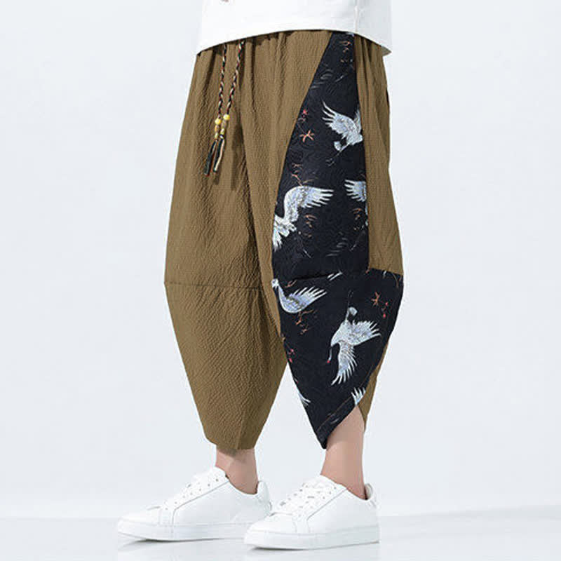 Buddha Stones Pantalon harem d'été pour homme, à cordon de serrage et pompons, imprimé grues - image 7