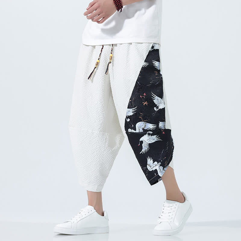 Buddha Stones Pantalon harem d'été pour homme, à cordon de serrage et pompons, imprimé grues - Blanc - US/UK/AU46，EU56 (5XL) - image 21