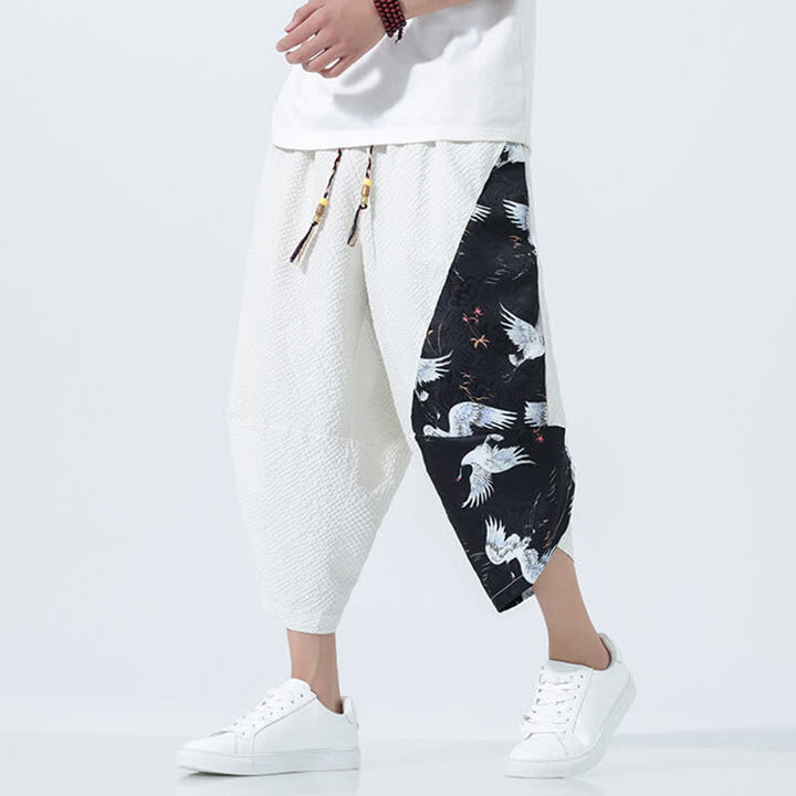 Buddha Stones Pantalon harem d'été pour homme, à cordon de serrage et pompons, imprimé grues - Blanc - US/UK/AU46，EU56 (5XL) - image 21