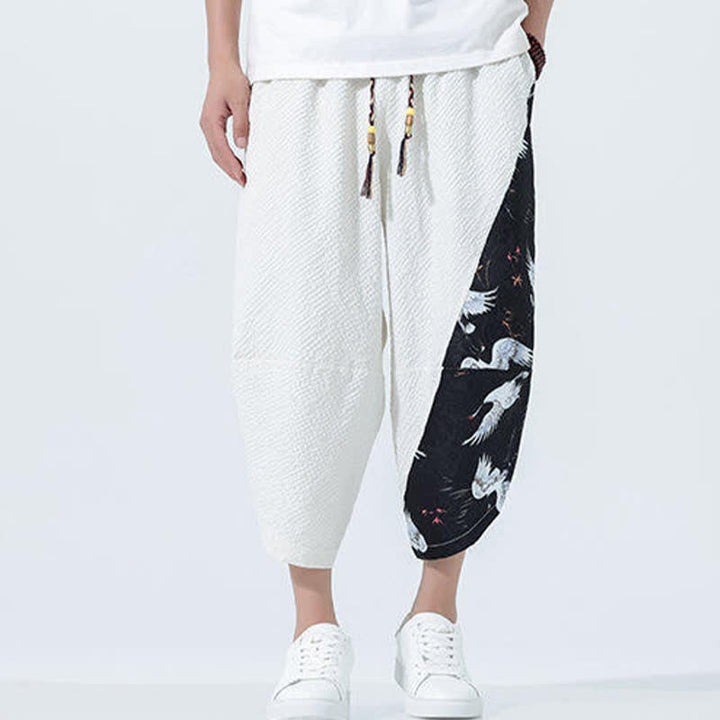 Buddha Stones Pantalon harem d'été pour homme, à cordon de serrage et pompons, imprimé grues - image 29