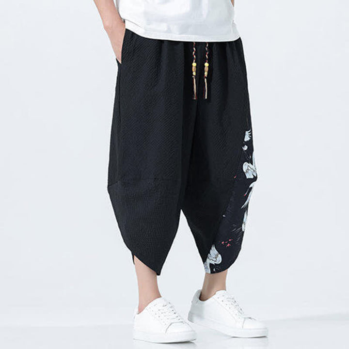 Buddha Stones Pantalon harem d'été pour homme, à cordon de serrage et pompons, imprimé grues - image 16