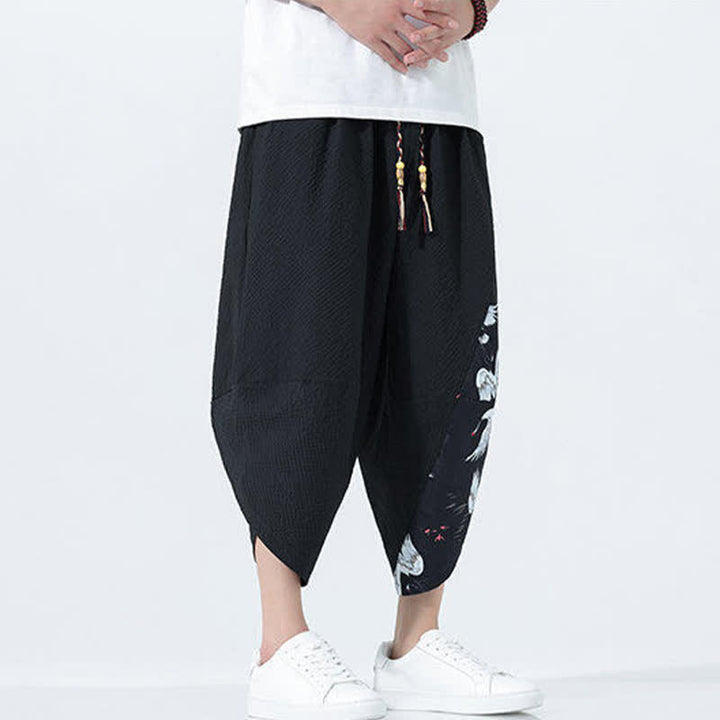 Buddha Stones Pantalon harem d'été pour homme, à cordon de serrage et pompons, imprimé grues - image 15
