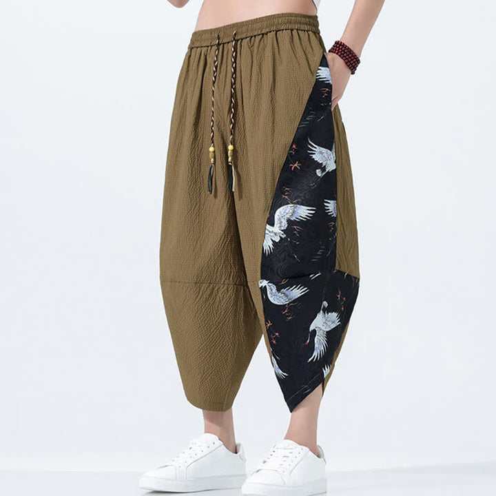 Buddha Stones Pantalon harem d'été pour homme, à cordon de serrage et pompons, imprimé grues - image 5