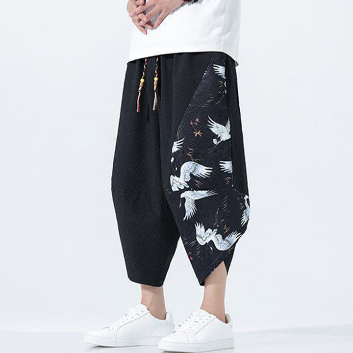 Buddha Stones Pantalon harem d'été pour homme, à cordon de serrage et pompons, imprimé grues - image 12