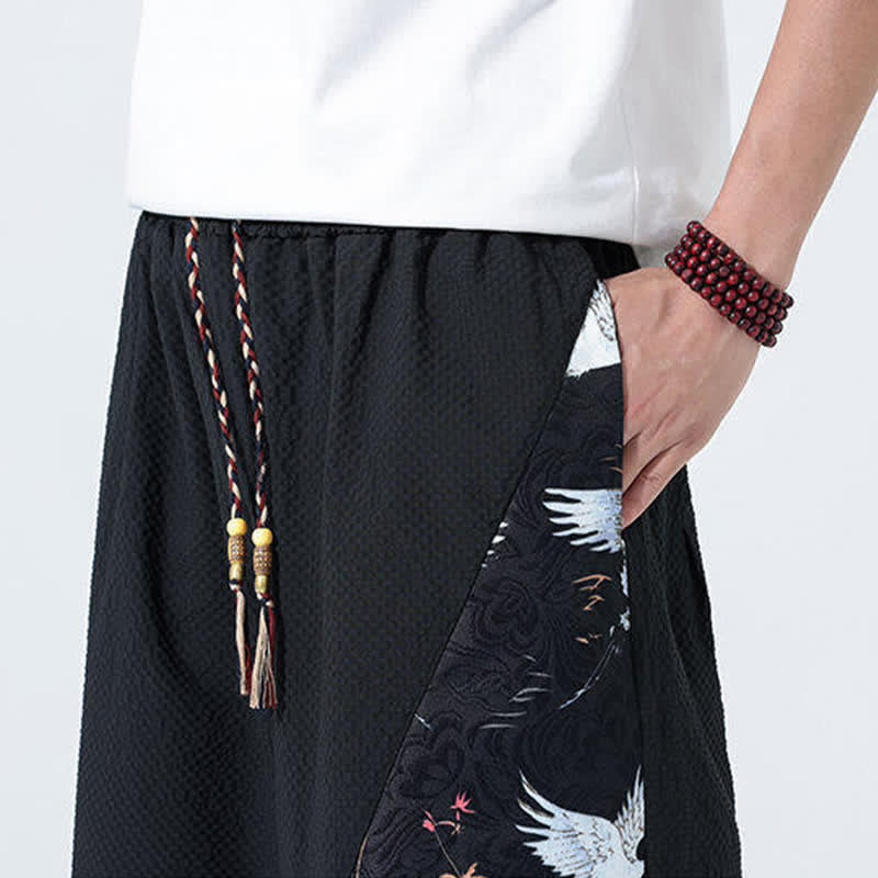 Buddha Stones Pantalon harem d'été pour homme, à cordon de serrage et pompons, imprimé grues - image 19