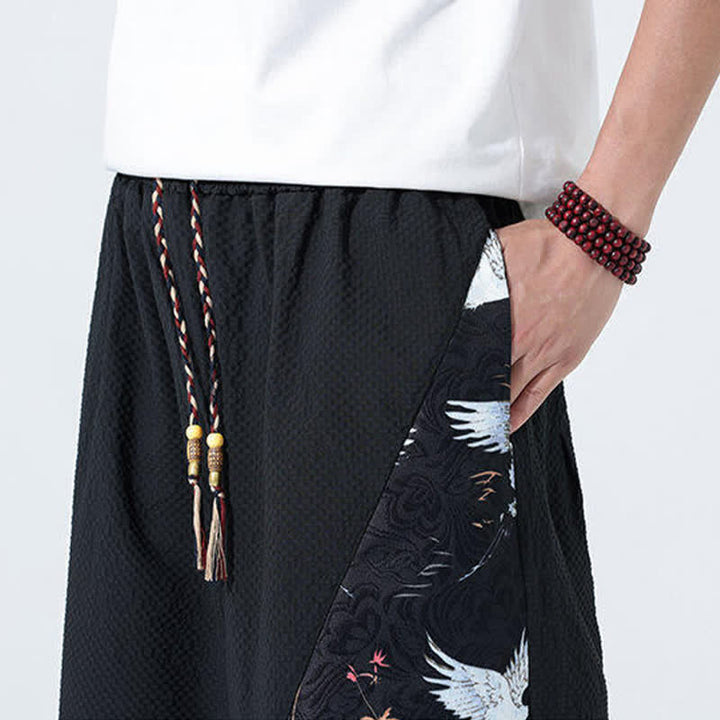 Buddha Stones Pantalon harem d'été pour homme, à cordon de serrage et pompons, imprimé grues - image 19