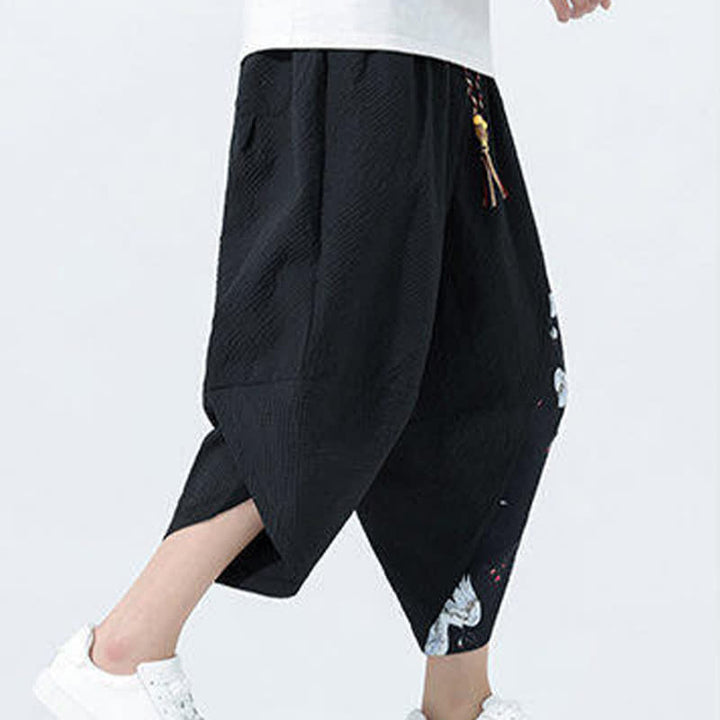 Buddha Stones Pantalon harem d'été pour homme, à cordon de serrage et pompons, imprimé grues - image 9
