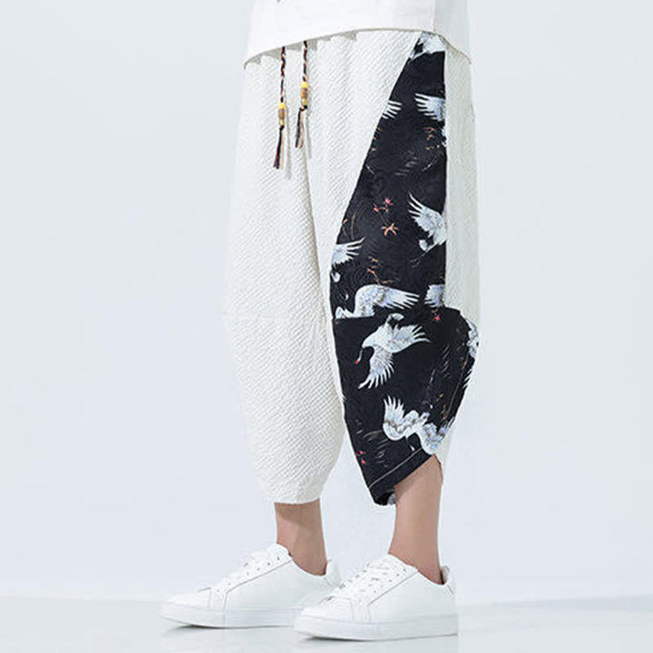 Buddha Stones Pantalon harem d'été pour homme, à cordon de serrage et pompons, imprimé grues - image 28