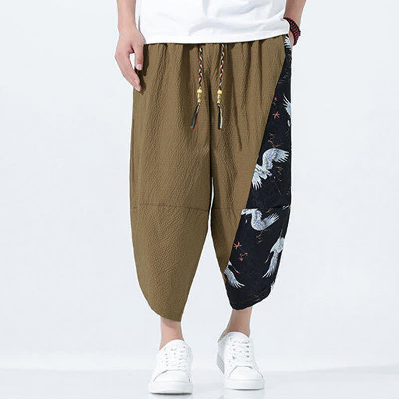 Buddha Stones Pantalon harem d'été pour homme, à cordon de serrage et pompons, imprimé grues - image 1