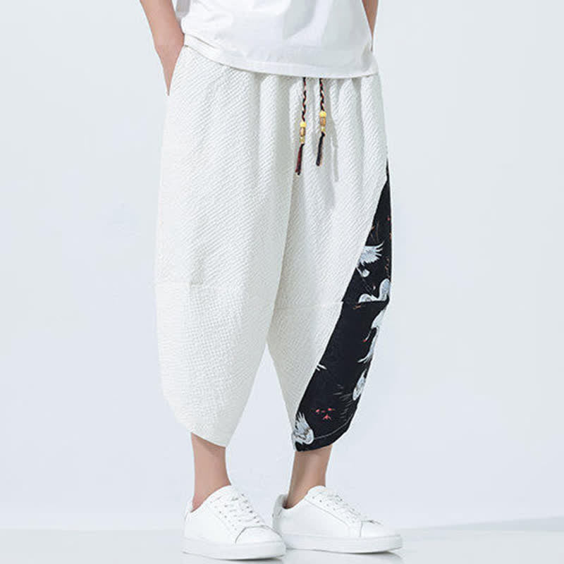 Buddha Stones Pantalon harem d'été pour homme, à cordon de serrage et pompons, imprimé grues - image 25
