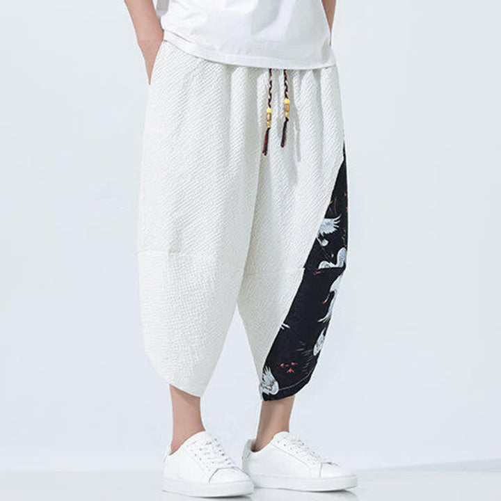 Buddha Stones Pantalon harem d'été pour homme, à cordon de serrage et pompons, imprimé grues - image 25