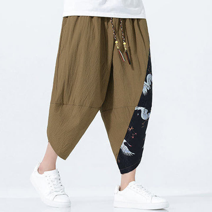 Buddha Stones Pantalon harem d'été pour homme, à cordon de serrage et pompons, imprimé grues - image 6