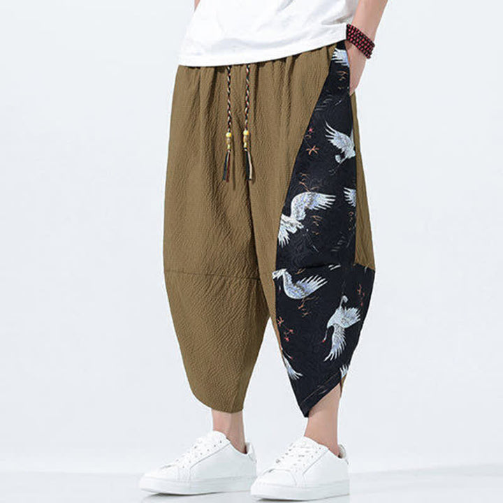 Buddha Stones Pantalon harem d'été pour homme, à cordon de serrage et pompons, imprimé grues - image 3