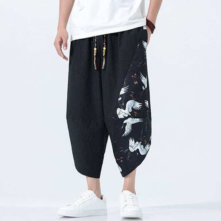 Buddha Stones Pantalon harem d'été pour homme, à cordon de serrage et pompons, imprimé grues - image 14