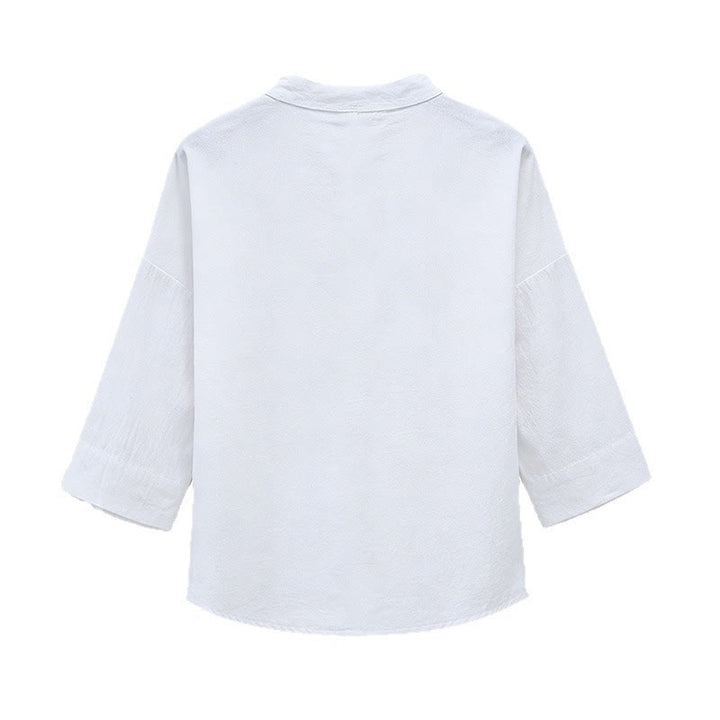 Buddha Stones T-shirts d'été pour hommes, style Tang, col mandarin brodé, imprimé calligraphie, manches 3/4 - image 2