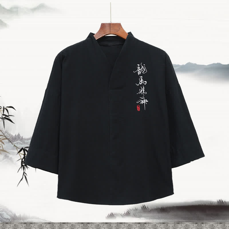 Buddha Stones T-shirts d'été pour hommes, style Tang, col mandarin brodé, imprimé calligraphie, manches 3/4 - Noir - US/UK/AU46，EU56 (5XL) - image 0
