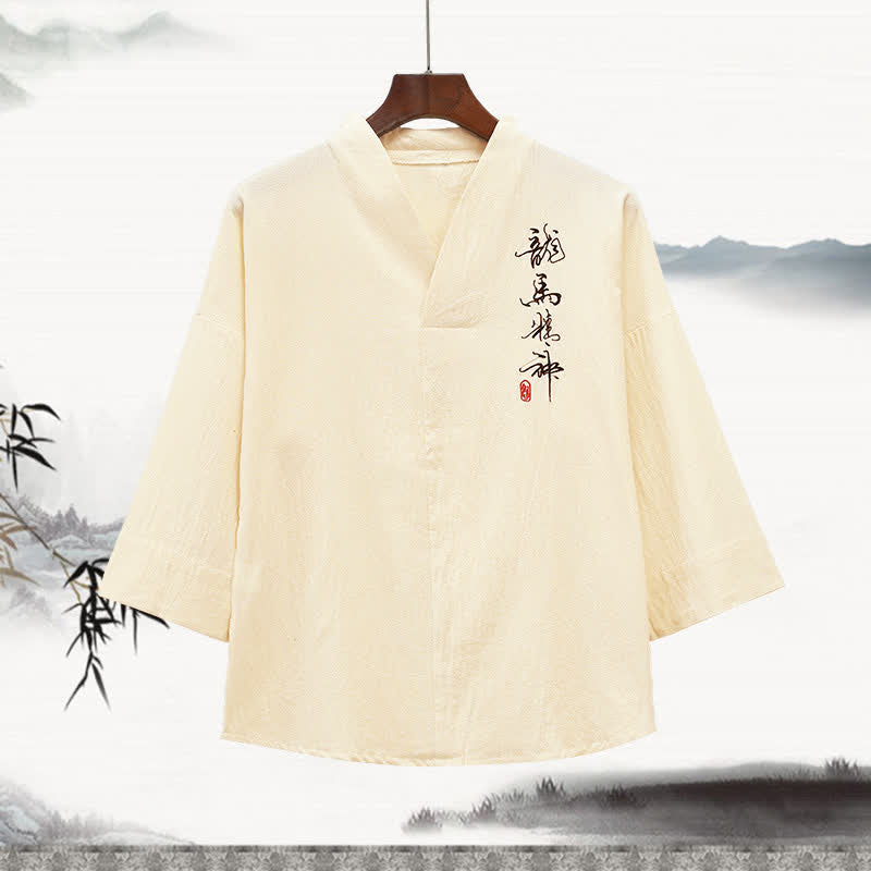 Buddha Stones T-shirts d'été pour hommes, style Tang, col mandarin brodé, imprimé calligraphie, manches 3/4 - Blanc antique - US/UK/AU46，EU56 (5XL) - image 3