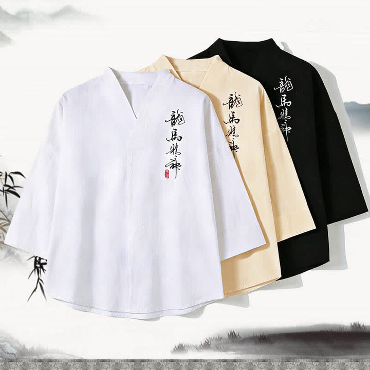 Buddha Stones T-shirts d'été pour hommes, style Tang, col mandarin brodé, imprimé calligraphie, manches 3/4 - image 4