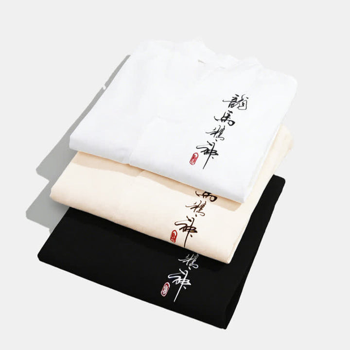 Buddha Stones T-shirts d'été pour hommes, style Tang, col mandarin brodé, imprimé calligraphie, manches 3/4 - image 5