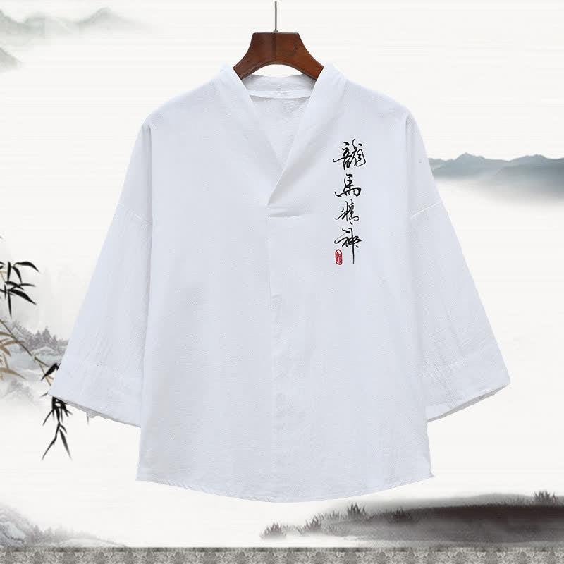 Buddha Stones T-shirts d'été pour hommes, style Tang, col mandarin brodé, imprimé calligraphie, manches 3/4 - Blanc - US/UK/AU46，EU56 (5XL) - image 1