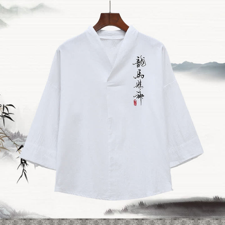 Buddha Stones T-shirts d'été pour hommes, style Tang, col mandarin brodé, imprimé calligraphie, manches 3/4 - Blanc - US/UK/AU46，EU56 (5XL) - image 1