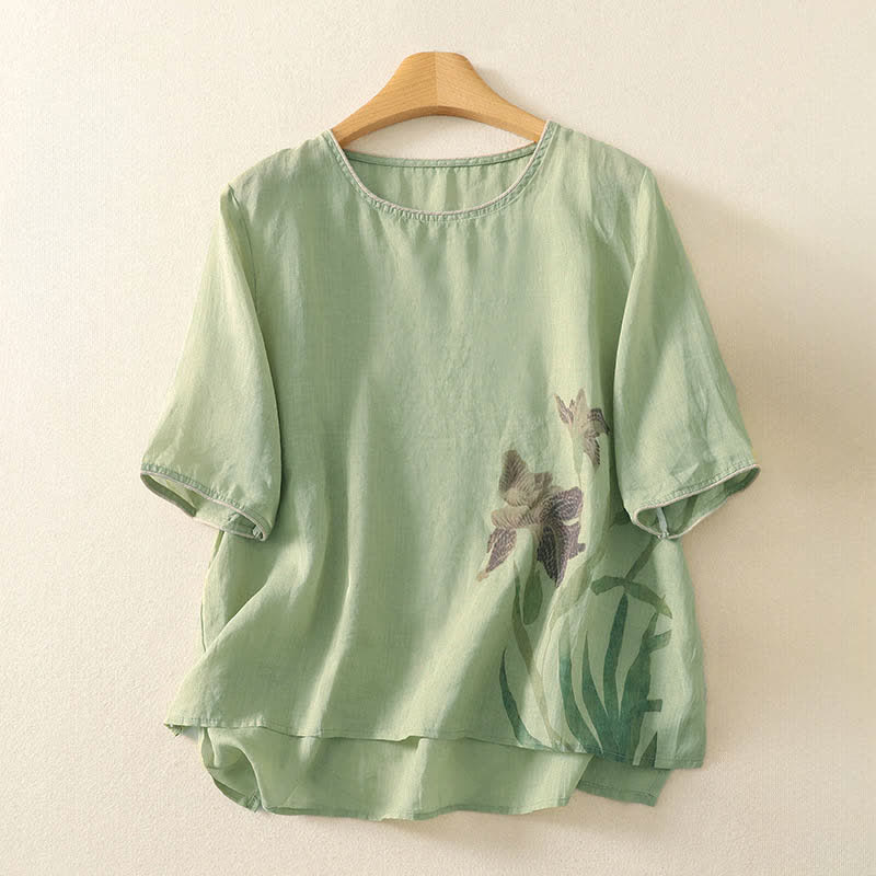 Buddha Stones T-shirts à manches courtes pour femmes à imprimé floral d'été - Vert pâle - US8-10，UK/AU12-14，EU40-42 (2XL) - image 0
