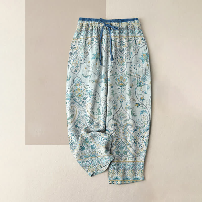 Buddha Stones Pantalon d'été en coton à motif cachemire et floral pour femme, taille élastique et poches - Bleu clair - US16，UK/AU20，EU48 (3XL) - image 0