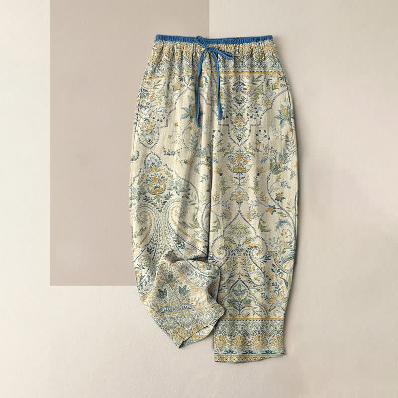 Buddha Stones Pantalon d'été en coton à motif cachemire et floral pour femme, taille élastique et poches - Beige - US16，UK/AU20，EU48 (3XL) - image 3