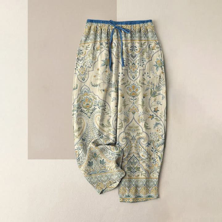 Buddha Stones Pantalon d'été en coton à motif cachemire et floral pour femme, taille élastique et poches - Beige - US16，UK/AU20，EU48 (3XL) - image 3
