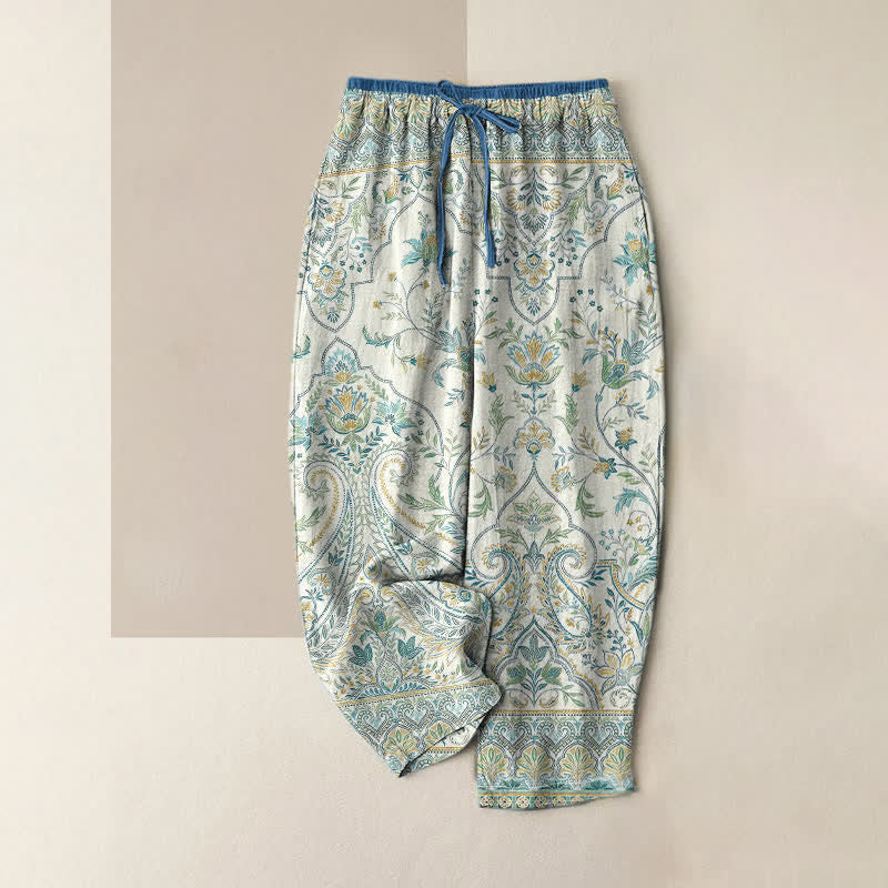 Buddha Stones Pantalon d'été en coton à motif cachemire et floral pour femme, taille élastique et poches - Ivoire - US16，UK/AU20，EU48 (3XL) - image 4