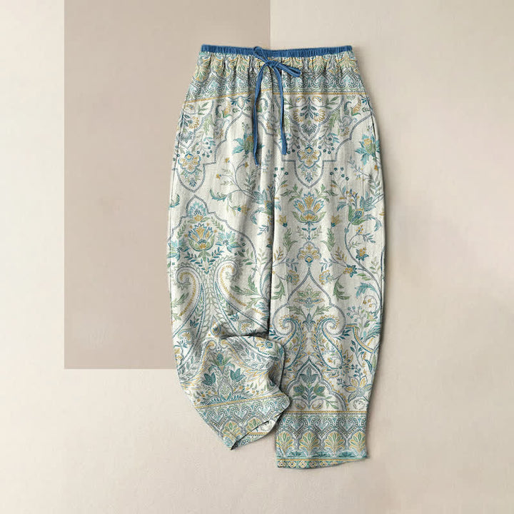Buddha Stones Pantalon d'été en coton à motif cachemire et floral pour femme, taille élastique et poches - Ivoire - US16，UK/AU20，EU48 (3XL) - image 4