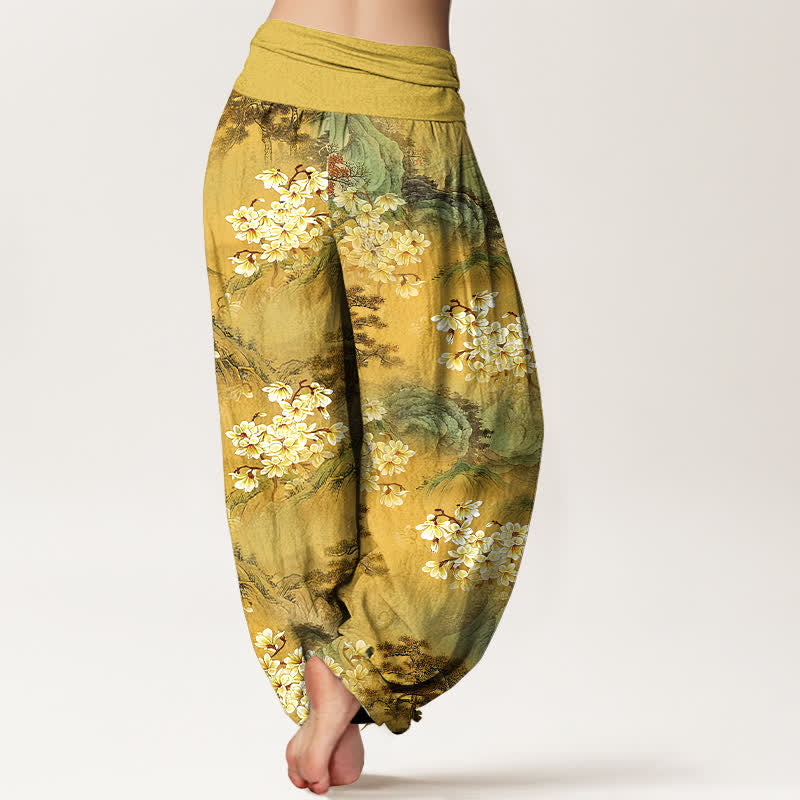 Buddha Stones Pantalon harem pour femme en pur coton, motif floral aquarelle bohème, taille élastique - image 1