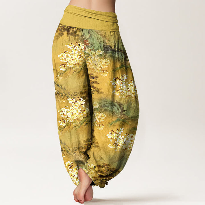 Buddha Stones Pantalon harem pour femme en pur coton, motif floral aquarelle bohème, taille élastique - image 1