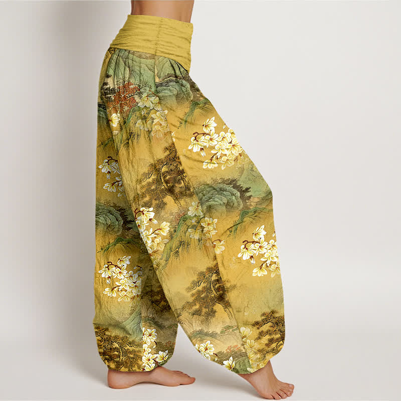 Buddha Stones Pantalon harem pour femme en pur coton, motif floral aquarelle bohème, taille élastique - image 2