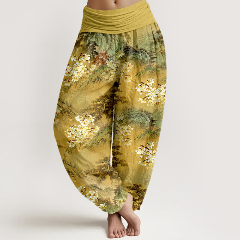 Buddha Stones Pantalon harem pour femme en pur coton, motif floral aquarelle bohème, taille élastique - verge d'or - US16，UK/AU20，EU48 (3XL) - image 0