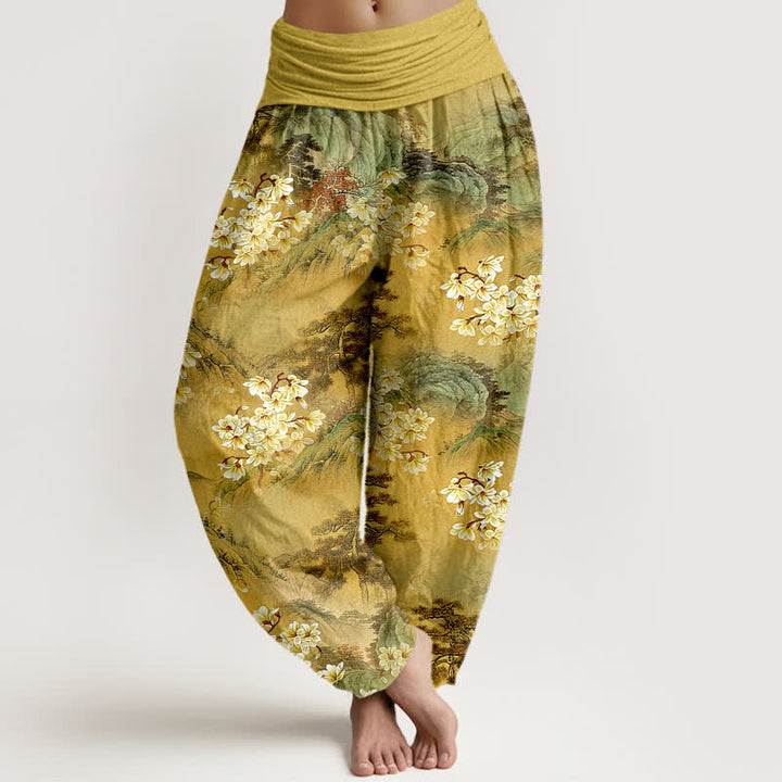 Buddha Stones Pantalon harem pour femme en pur coton, motif floral aquarelle bohème, taille élastique - verge d'or - US16，UK/AU20，EU48 (3XL) - image 0