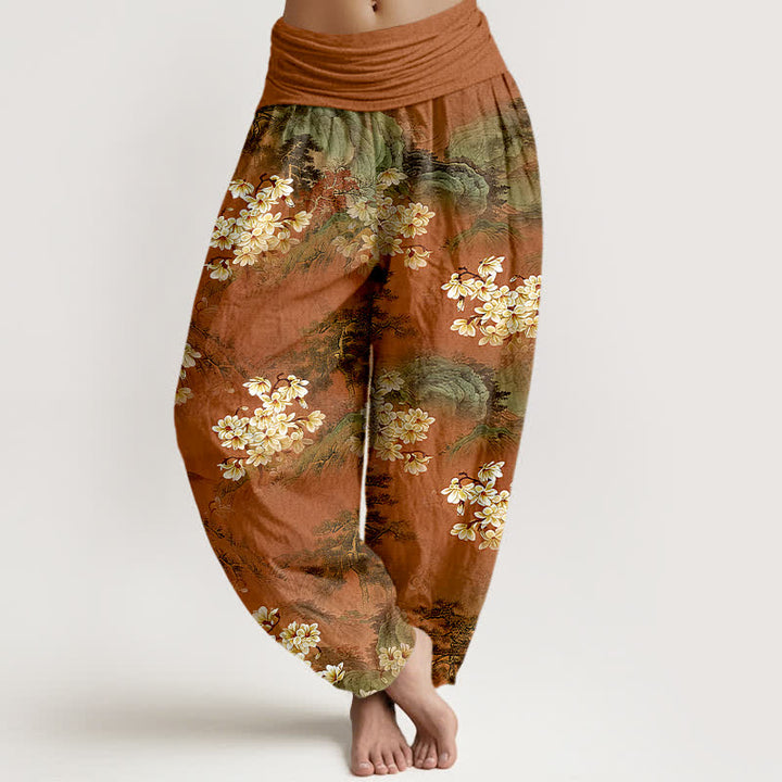 Buddha Stones Pantalon harem pour femme en pur coton, motif floral aquarelle bohème, taille élastique - Terre de sienne - US16，UK/AU20，EU48 (3XL) - image 5