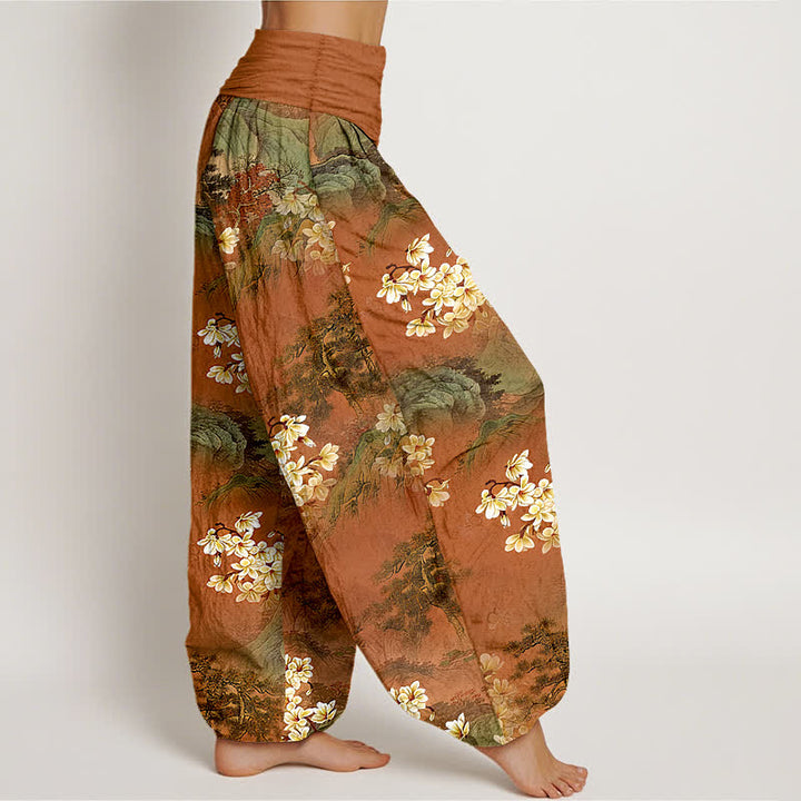 Buddha Stones Pantalon harem pour femme en pur coton, motif floral aquarelle bohème, taille élastique - image 7