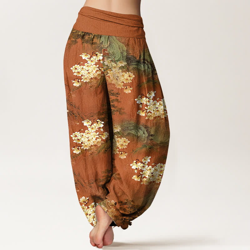 Buddha Stones Pantalon harem pour femme en pur coton, motif floral aquarelle bohème, taille élastique - image 6
