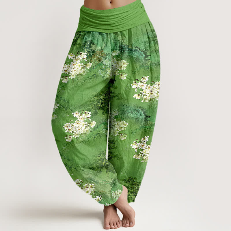 Buddha Stones Pantalon harem pour femme en pur coton, motif floral aquarelle bohème, taille élastique - Vert mer moyen - US16，UK/AU20，EU48 (3XL) - image 8