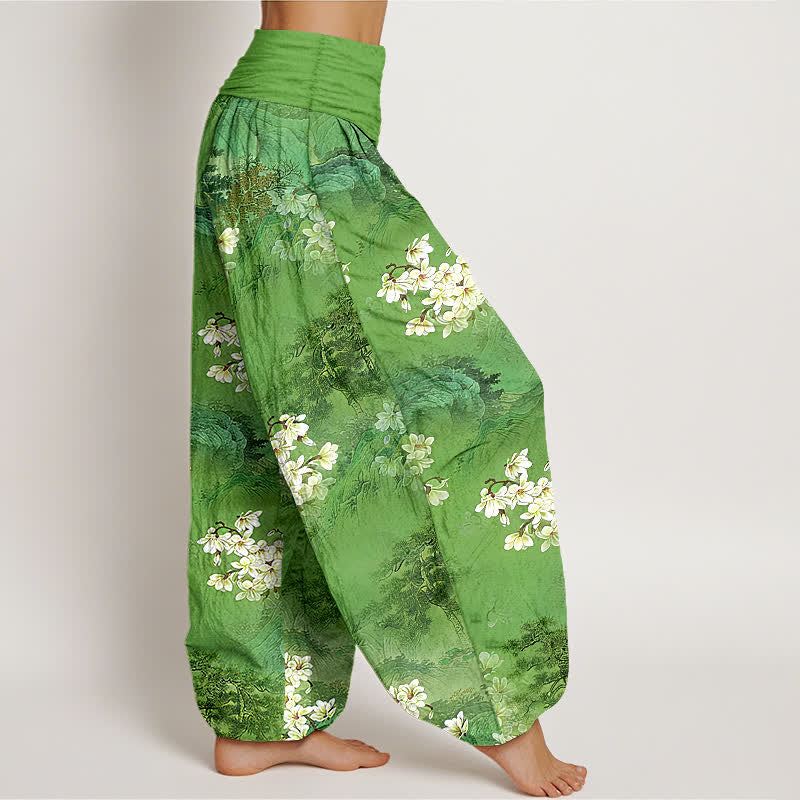 Buddha Stones Pantalon harem pour femme en pur coton, motif floral aquarelle bohème, taille élastique - image 10