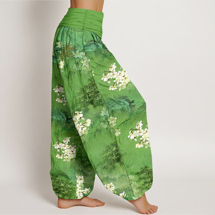Buddha Stones Pantalon harem pour femme en pur coton, motif floral aquarelle bohème, taille élastique - image 10