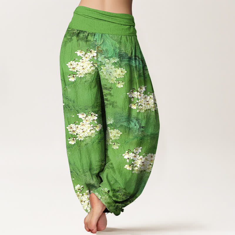 Buddha Stones Pantalon harem pour femme en pur coton, motif floral aquarelle bohème, taille élastique - image 9