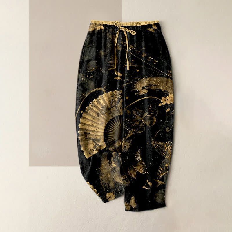 Buddha Stones Pantalon pour femme à taille élastique et poches, orné d'un motif floral et de papillons en feuille d'or - Noir - US16，UK/AU20，EU48 (3XL) - image 0